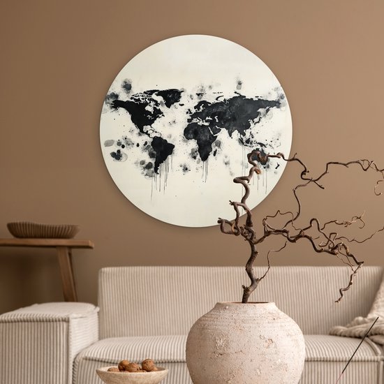 WallCircle® Wandcirkel 60x60 cm - Muurcirkel Wereldkaart - Zwart - Inkt - Muurdecoratie woonkamer - Wanddecoratie slaapkamer - Kamer decoratie accessoires - Ronde schilderijen