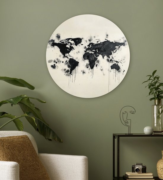 WallCircle® Wandcirkel 60x60 cm - Muurcirkel Wereldkaart - Zwart - Inkt - Muurdecoratie woonkamer - Wanddecoratie slaapkamer - Kamer decoratie accessoires - Ronde schilderijen