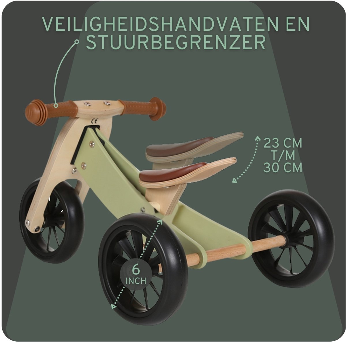 Bandits & Angels Smart Bike Loopfiets Hout 4-in-1 Retro Groen vanaf 1 jaar - Voor Jongens en Meisjes - Houten Loop Fiets - Omkeerbaar in Driewieler en Tweewieler - Verstelbaar Zadel — afbeelding 9