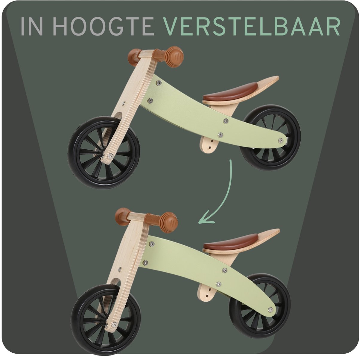 Bandits & Angels Smart Bike Loopfiets Hout 4-in-1 Retro Groen vanaf 1 jaar - Voor Jongens en Meisjes - Houten Loop Fiets - Omkeerbaar in Driewieler en Tweewieler - Verstelbaar Zadel — afbeelding 3