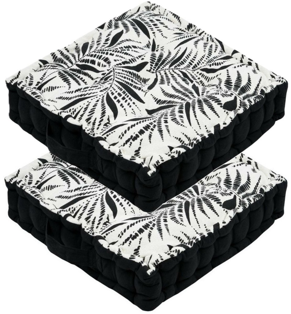 Stof Textile Vloerkussen Leaves - 2x - zwart/wit - katoen - 45 x 45 x 10 cm - vierkant - Extra dik - extra zitplaatsen - spelen - gamen - relaxen