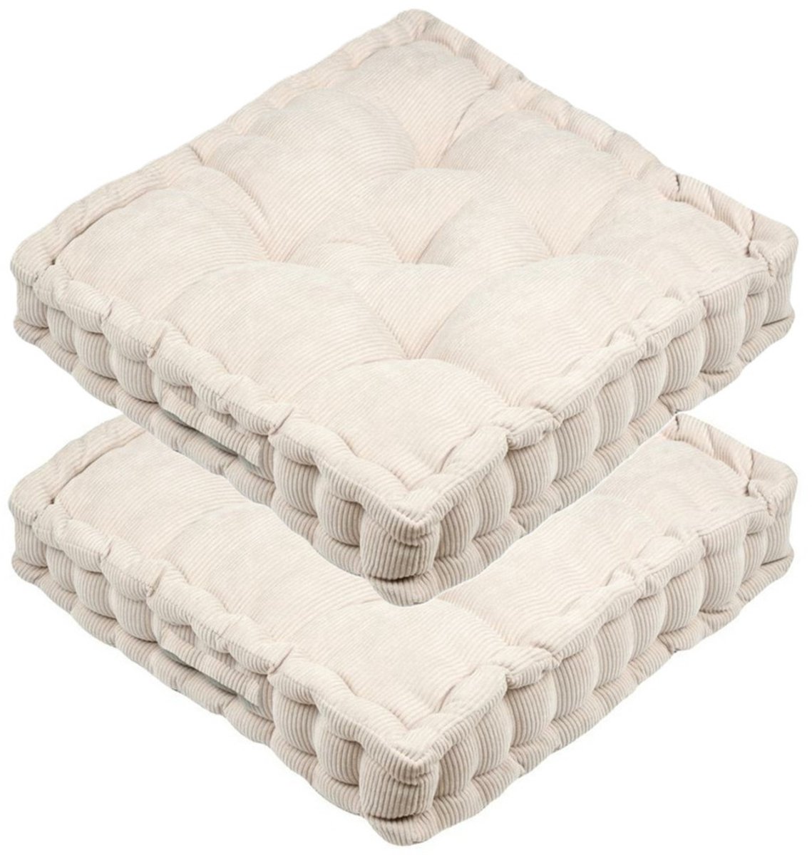 Stof Textile Vloerkussen Ribcord - 2x - lichtbeige - 45 x 45 x 10 cm - vierkant - Extra dik - extra zitplaatsen - spelen - gamen - relaxen Licht beige
