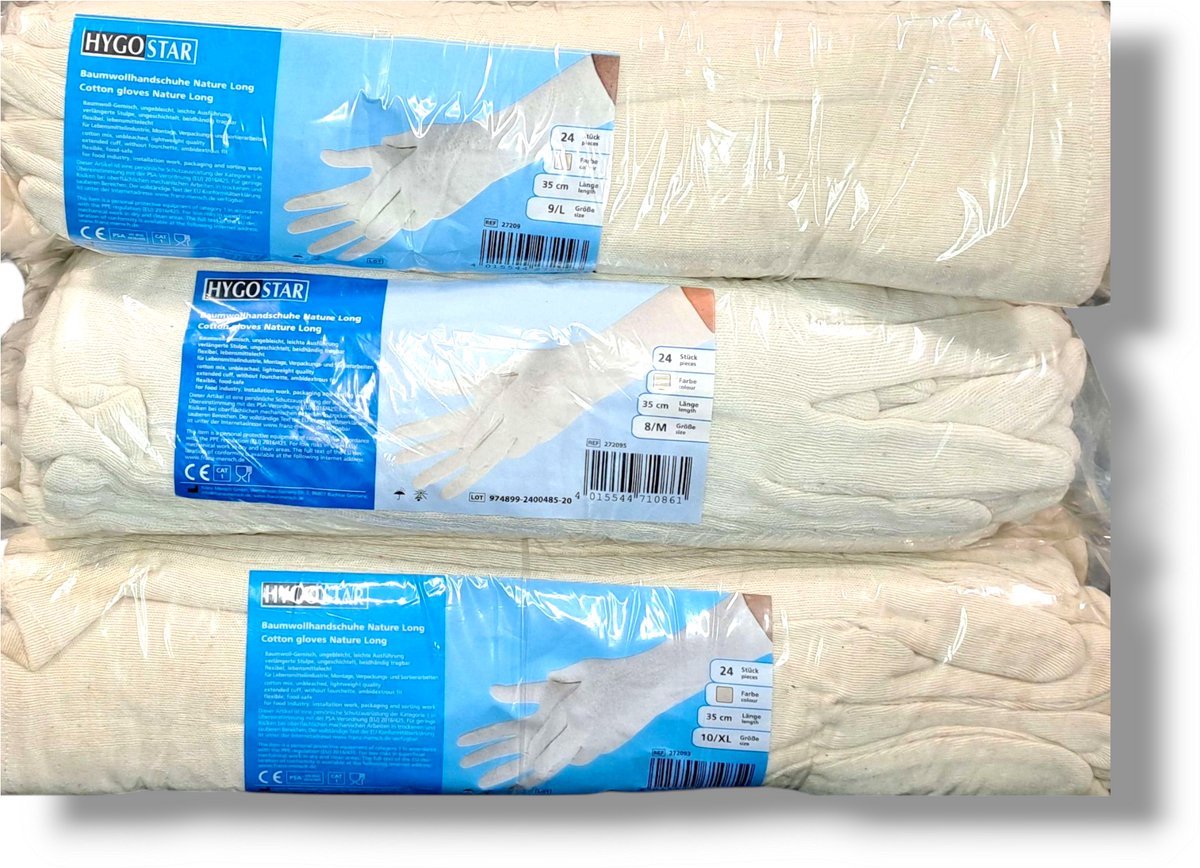Hygostar - Katoenen handschoenen - 35 cm - maat XL- 12 paar - crème wit