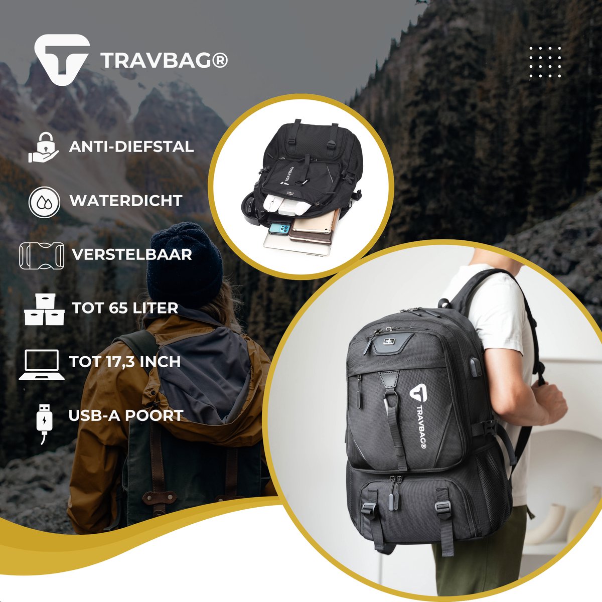 TRAVBAG® EXPLORER - XL Rugzak 65L met Laptopvak - Backpack Reistas - Wandelrugzak - Waterdicht & Verstelbaar - USB Oplaadpoort - Anti-diefstal - Incl. Reisslot - Voor Reizen, Werk & School – foto 2