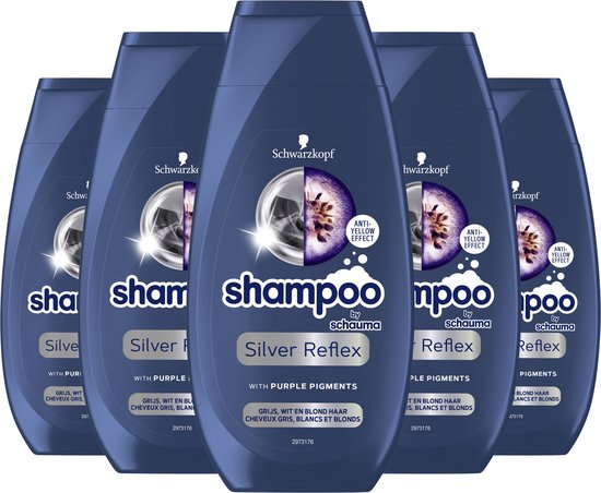 Zes flessen Schwarzkopf shampoo Silver Reflex met paarse pigmenten voor anti-geel effect. Voor grijs, wit en blond haar.