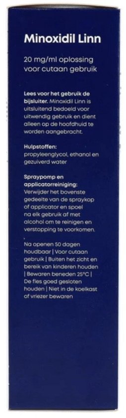 Donkerblauwe verpakking met tekst over Minoxidil Linn 20 mg/ml oplossing voor cutaan gebruik.