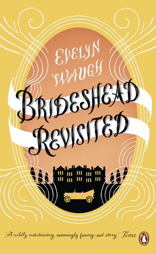 Boekcover van 'Brideshead Revisited' met gele achtergrond, sierlijke lijnen, een landhuis en een auto.