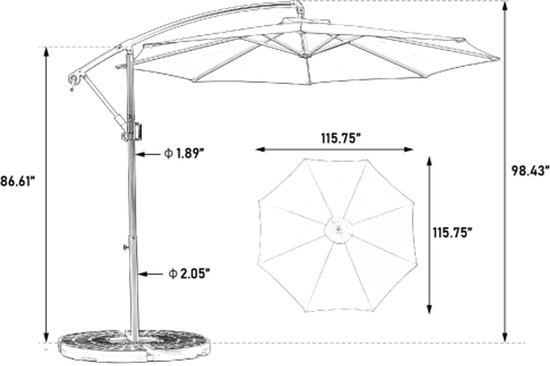 Technische tekening van kaki zweefparasol met afmetingen.
