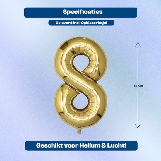 Gouden cijfer 8 ballon van folie, 86 cm hoog, geschikt voor helium en lucht.