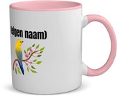 Akyol - vogel in een boom met eigen naam koffiemok - theemok - roze - Vogels - dieren liefhebber - iemand die houdt van vogels - verjaardag - cadeau - kado - geschenk - 350 ML inhoud