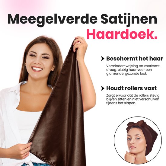 Een lachende vrouw die een bruine satijnen hoofddoek vasthoudt. Beschermt het haar en houdt rollers vast. Een cirkel toont een vrouw met hoofddoek.