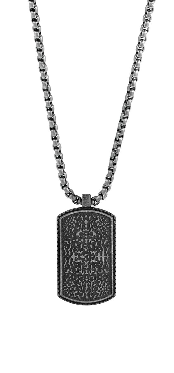 Frank 1967 7FN-0025 Stalen Ketting met Hanger - Heren - Staal - Plaatje - Dog Tag - 35 x 21 mm - Vossenstaart Schakel - 60cm - Antique - Antraciet - Cadeau voor mannen