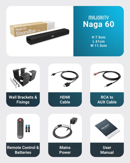 Majority Naga 60 Soundbar voor TV - Inclusief Soundbar Beugel - Met ingebouwde Subwoofer - Bluetooth 5.0, HDMI ARC, Optical en AUX verbinding - 2.1 Surround Sound - Afstandsbediening - zwart van Merkloos — afbeelding 2