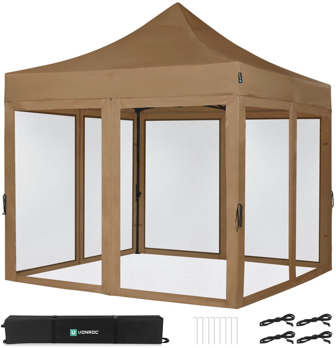 VONROC Easy-Up Partytent - 3x3 m - Premium easy-up Partytent - Set incl. Muggennet zijwanden - Modulair Ontwerp – Opvouwbaar – Waterdicht – Stalen Frame - 50+ UV Bescherming - Incl. Opbergtas - Beige