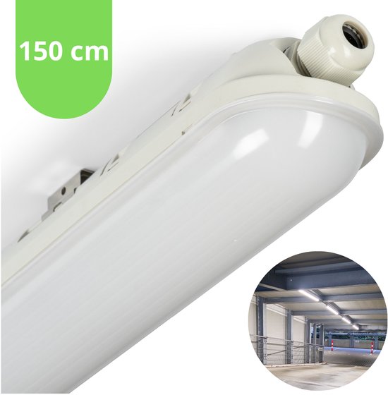 Een 150 cm lange, waterdichte LED TL-armatuur met een witte behuizing, close-up.
