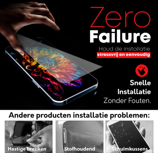 Hand plaatst een screenprotector op een iPhone. "Zero Failure".
