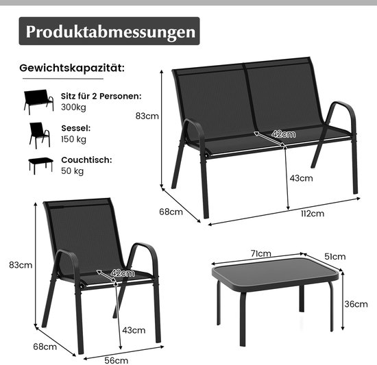 Ensemble de meubles de jardin 4 pièces COSTWAY, meubles de balcon, meubles de patio, groupe de sièges, groupe de sièges pour 4 personnes, ensemble de jardin incl. 2 chaises, banc et table, pour balcon, terrasse, jardin