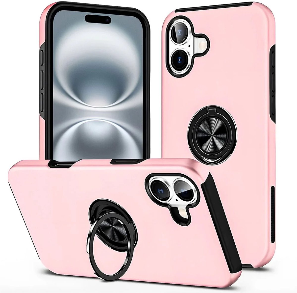 Telefoonhoesje Met Vingerring & Magneet voor Telefoohouders - Hoesje Geschikt voor: iPhone 16 - Roze
