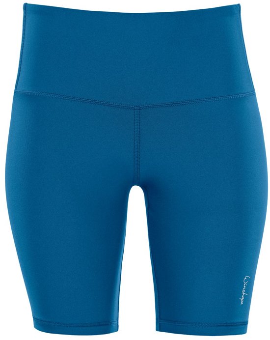 Blauwe biker shorts met hoge taille en V-detail.