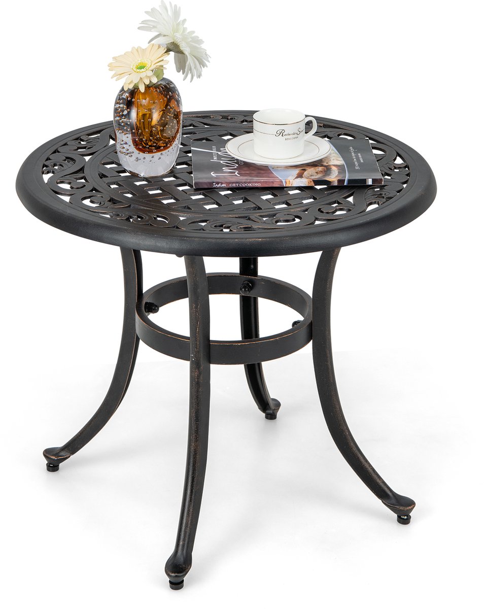 COSTWAY Bijzettafel van gegoten aluminium, 60 x 60 x 53 cm, weerbestendige balkontafel met verstelbare voetkussens, ronde tuintafel voor tuin, achtertuin, balkon, antiek bruin