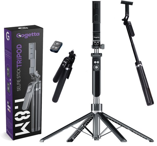 Gogetta® Telefoon Statief Selfiestick - 180 cm hoog - Extra Stabiel door Vierpoot - 360° Draaibaar - Compact en Lichtgewicht - Met Bluetooth Afstandsbediening - Geschikt voor iPhone, Samsung, Smartphones en Compact Camera's - Selfiesticks Tripod