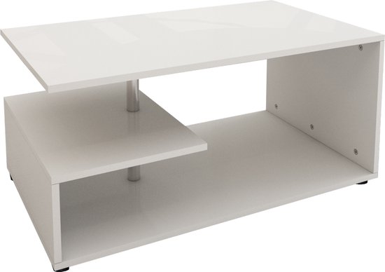 Salontafel 91x41x52,6 cm Wit met metalen decoratieve bar en planken op 3 niveaus ML-Design