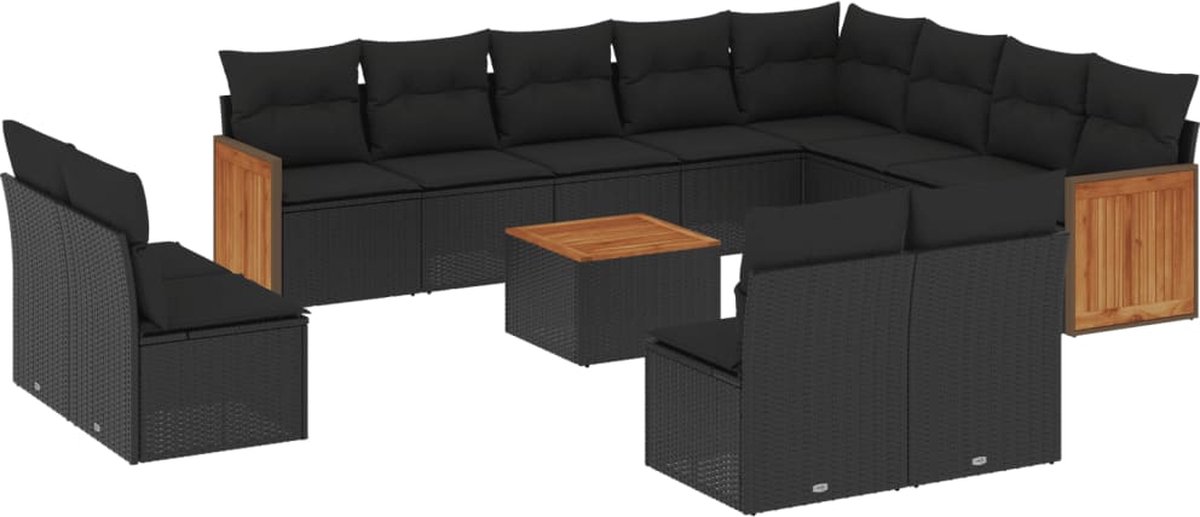 The Living Store 13-delige Loungeset met kussens poly rattan zwart - Loungeset - Tuinlounge - Lounge Set - Buitendining - Teak Tafels