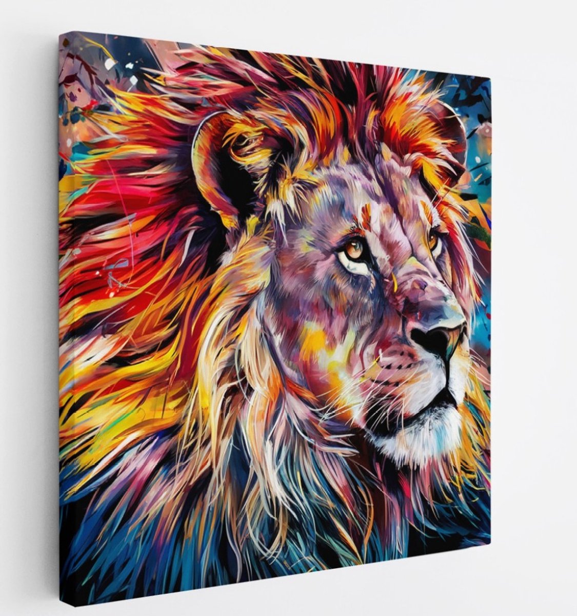 Saammp Canvas Schilderij - Abstracte Leeuw - Kleurrijk - Dieren - Natuur - Portret - 40x40 - Foto op canvas - Wanddecoratie - Muurdecoratie Woonkamer - Slaapkamer decoratie - Canvas Print Multicolor