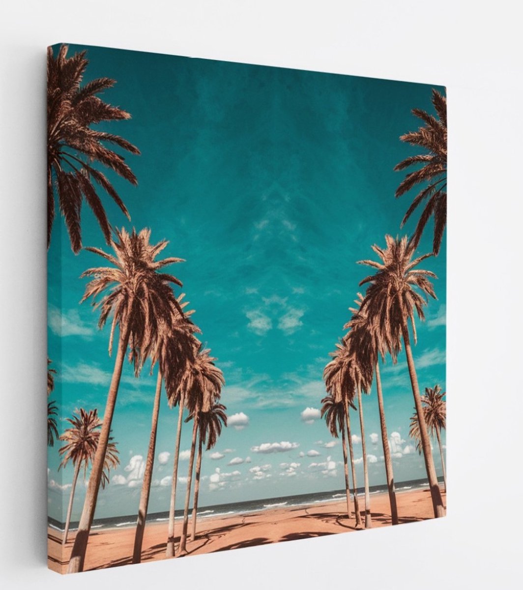 Saammp Canvas Schilderij - Palmbomen aan zee - Landschap - Natuur - 100x100 - Foto op canvas - Wanddecoratie - Muurdecoratie Woonkamer - Slaapkamer decoratie - Canvas Print Multicolor