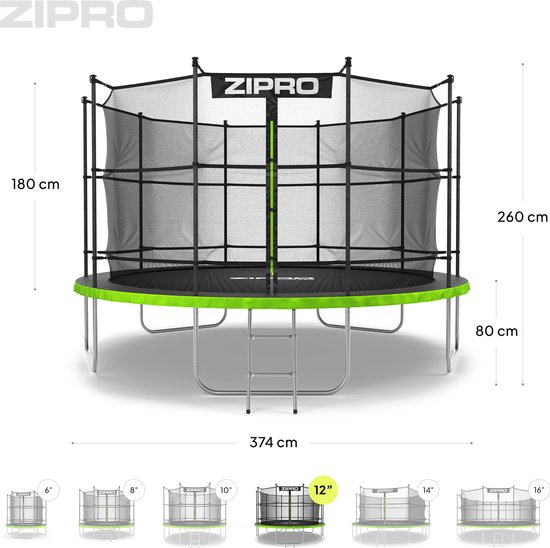 ZIPRO Jump Pro IN - Trampoline - Ø374cm 12FT - Trampoline met veiligheidsnet - Voor kinderen - Inclusief Ladder - max. 150 kg