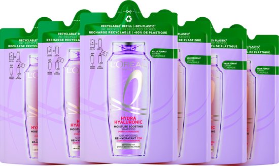 L'Oréal Paris Elvive Hydra Hyaluronic Shampoo Refill - Voor verzwakt, futloos haar - 10x meer hydratatie - Hervulbaar - Navul verpakking - 6x250 ml