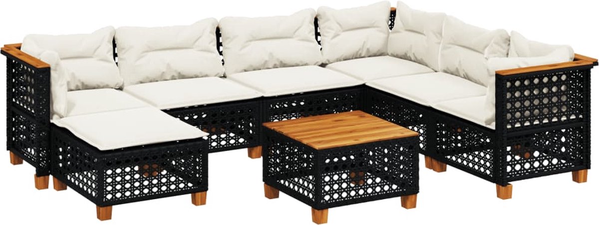 The Living Store 8-delige Loungeset met kussens poly rattan zwart - Loungeset - Tuinmeubels - Lounge Set - Pe Rattan - Outdoor Furniture