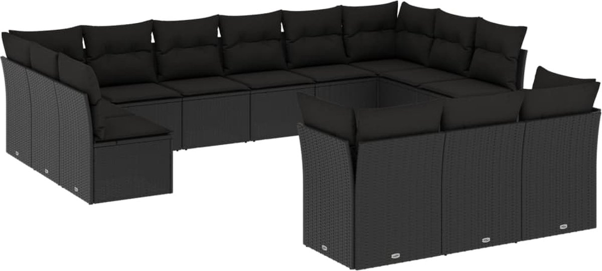 Poly rattan loungeset in zwart met kussens voor tuin en terras.
