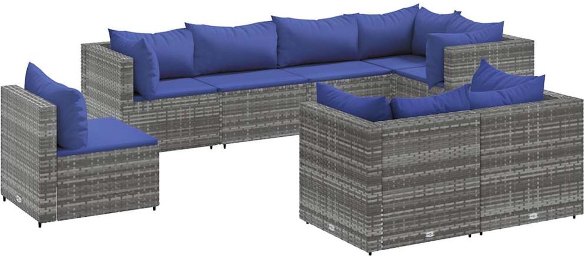 The Living Store 8-delige Loungeset met kussens poly rattan grijs - Loungeset - Loungehoekbank - Tuinset - Buitendecoratie - Tuinmeubelen