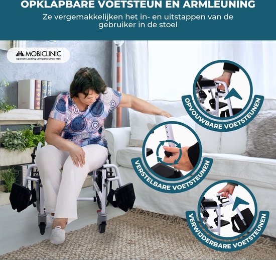 Vrouw in rolstoel, met opklapbare en verstelbare voetsteunen en armleuningen.
