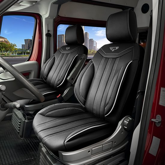 WALSER Premium auto stoelhoezen compatibel met Renault Master enkele zitplaats voor en dubbele bank rugleuning opklapbaar gemaakt van kunstleer van bouwjaar 2010 - heden