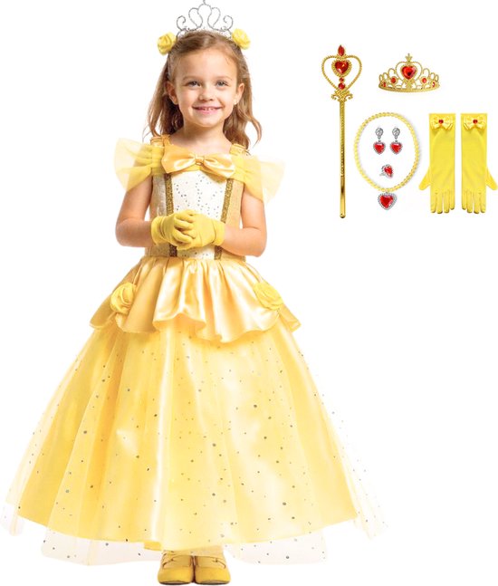 Joya Kids® Gele Verkleedjurk | Prinsessen Jurk | Prinses & Het Beest verkleedkleding | Maat 116-122 (120) + kroon, Staf, Handschoenen, Ketting, Ring & Oorbellen | Cadeau