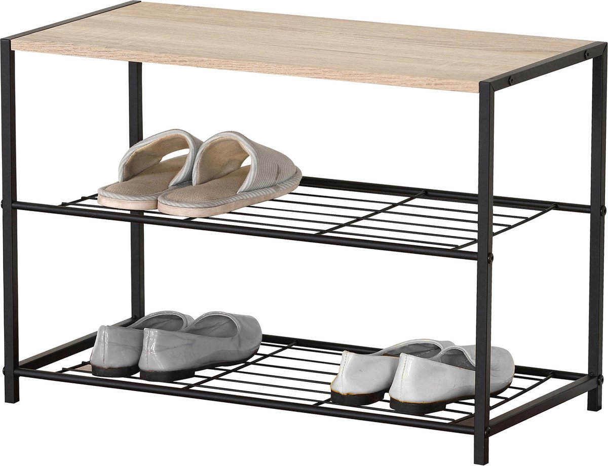 Industrieel Schoenenrek met Houten Bovenblad – 3-Lagen Schoenen Organizer van Metaal & Hout – 63 x 30 x 43 cm – Opbergrek voor Hal, Gang of Slaapkamer – Zwart