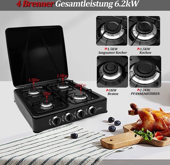 IBBO Shop - Gas kooktoestel 4 pits - Campingkooktoestel - Gaskookplaat - Zwart van IBBO Shop — afbeelding 5