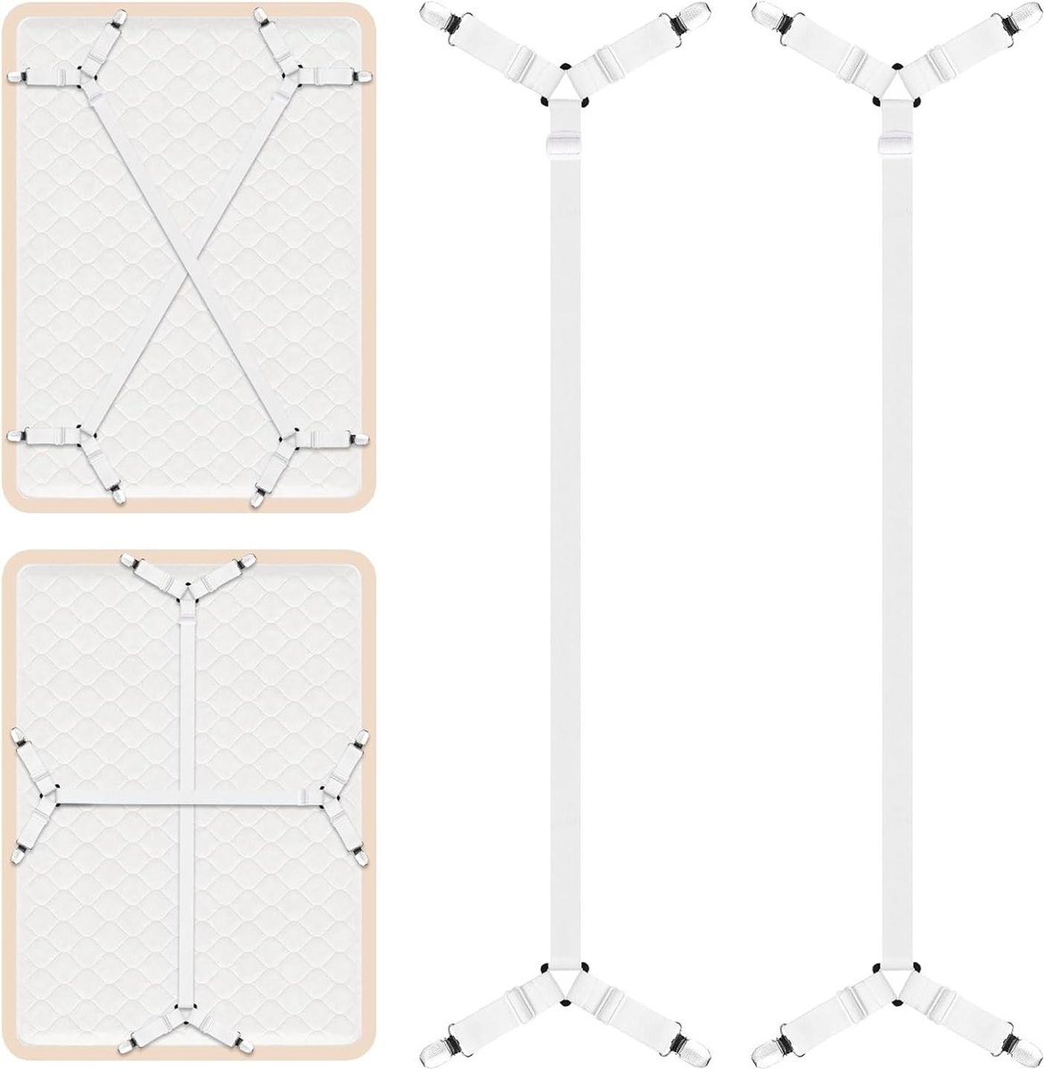 Verlengde lakenclips - Verstelbare lakenriemen met clips - Wit - 2 stuks