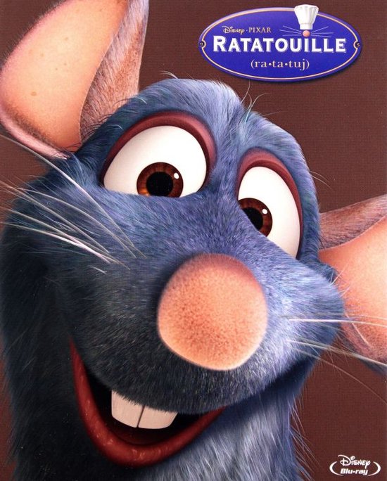 Close-up van Remy, de blauwe rat uit Ratatouille, met grote ogen en een brede grijns.