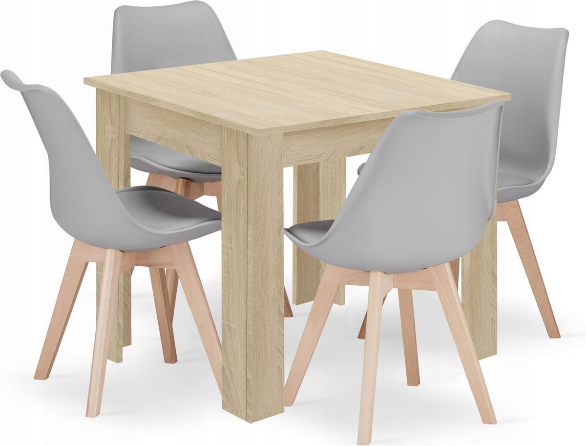 LEOBERT Eettafelset NP 80x80 Eiken Sonoma Kleur + 4 Stoelen MARK Grijs met Beukenhouten Poten, Modern Design, Geschikt voor Keuken, Eetkamer en Woonkamer eikenkleur