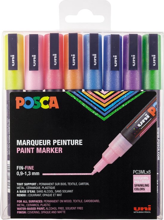 Verfstift Posca PC3M fijn glitter pastel assorti set a 8 stuks