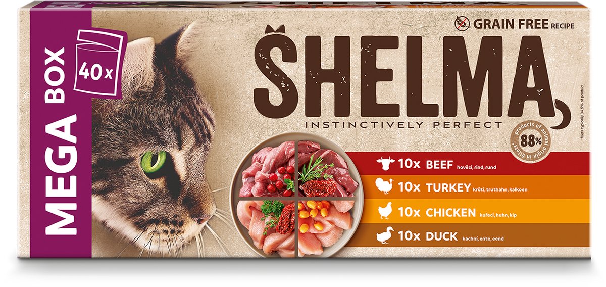 Shelma Shelma Kattenvoer Mega box (40x85g) – Graanvrij – Hoog Vleesgehalte