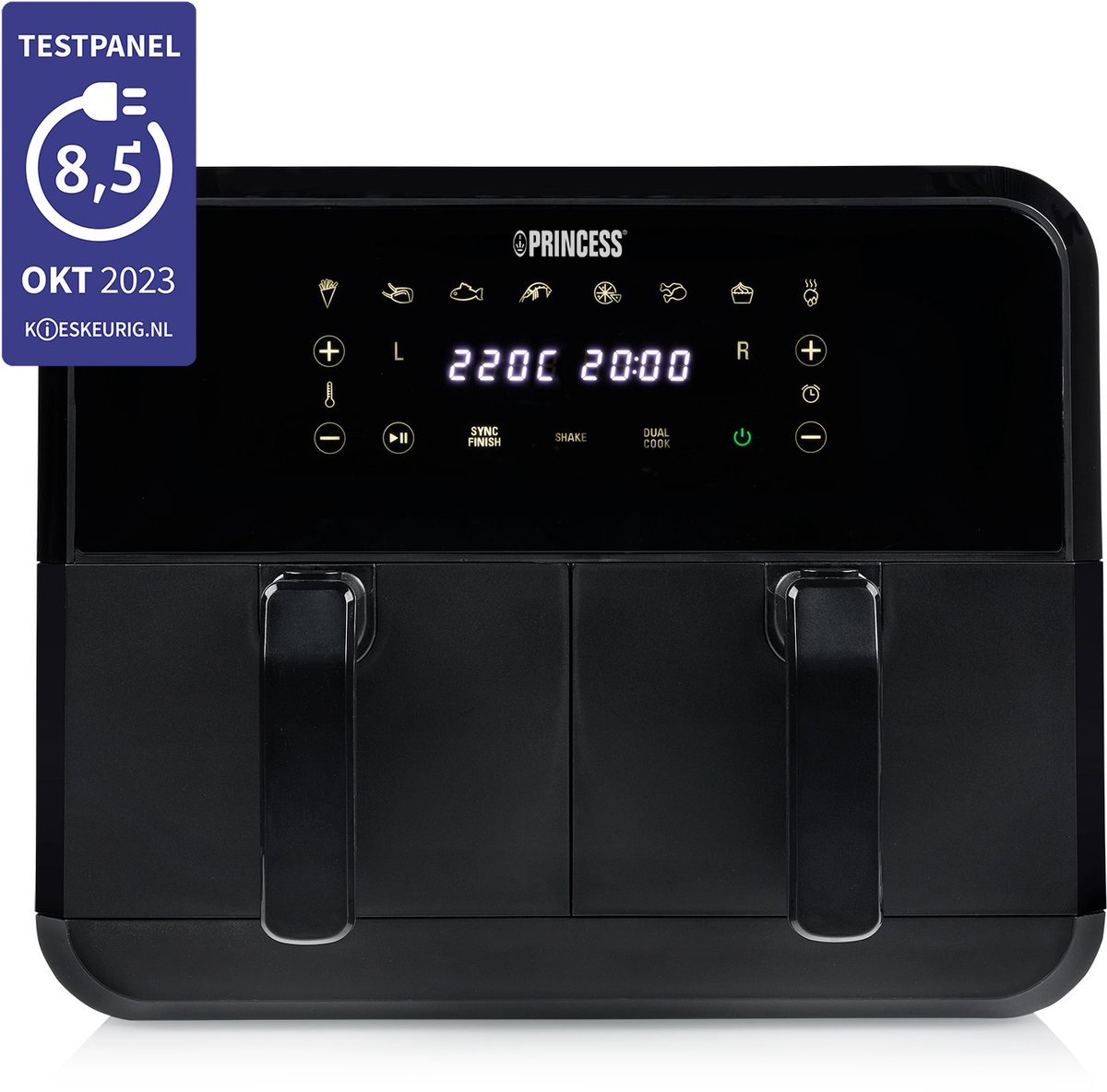 Afbeelding 3 van Princess Double Basket Airfryer 182068 - Dubbele Airfryer - 8 liter - 2 manden - XXL - 8 programma’s - 2400W - Dubbele heteluchtfriteuse - Touchscreen - Zwart - 80 °C tot 220°C - Sync functie