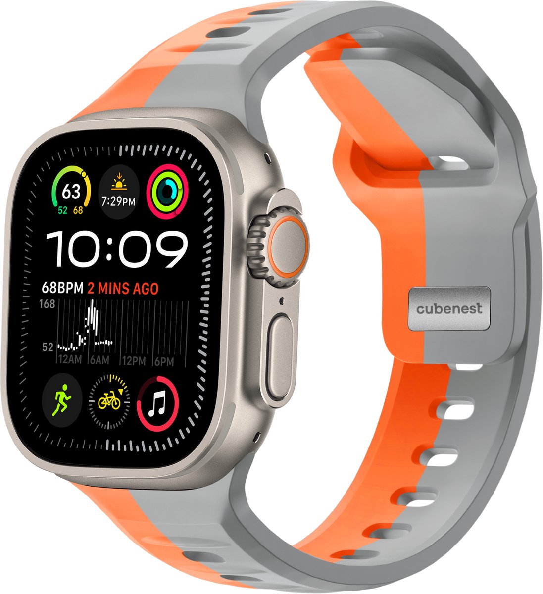 Cubenest Premium siliconen bandje - Geschikt voor Apple Watch 1, 2, 3, 4, 5, 6, 7, 8, 9, 10,11, SE, Ultra (2,3) - 42/44/45/46/49 mm -MAANGRIJS met ORANJE- One Size