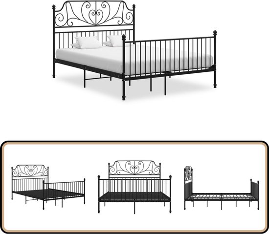 Cadre de lit vidaXL - Métal - 160x200 cm - Zwart Cadre de lit en métal - Lit double - Colonne de lit noire - Confort de sommeil - Lit pour Adultes