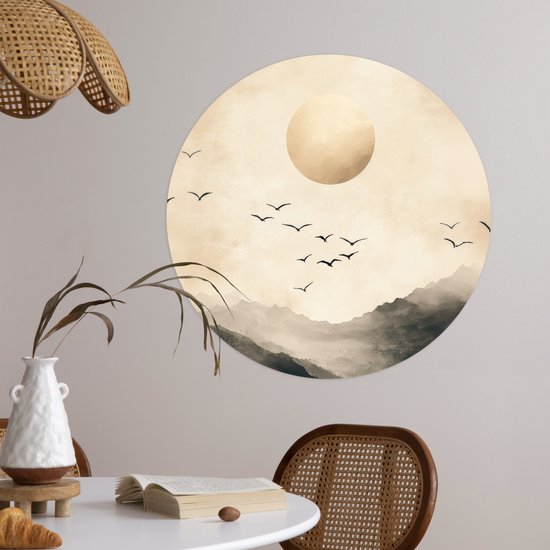 WallCircle® - Cercle de papier peint 50x50 cm - Stickers muraux Paysage - Japandi - oiseau - Cercle mural salon - Cercle mural chambre - Décoration de chambre autocollante - Accessoires de Décoration murale