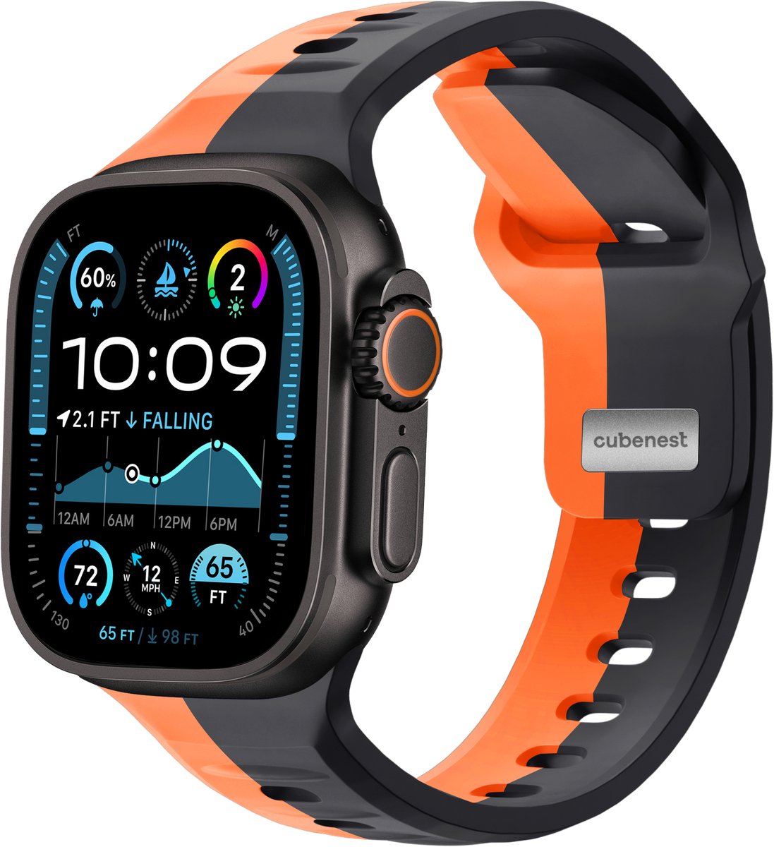 Cubenest Premium siliconen bandje - Geschikt voor Apple Watch 1, 2, 3, 4, 5, 6, 7, 8, 9, 10, 11, SE, Ultra (2,3) - 42/44/45/46/49 mm - ZWART met ORANJE - One Size