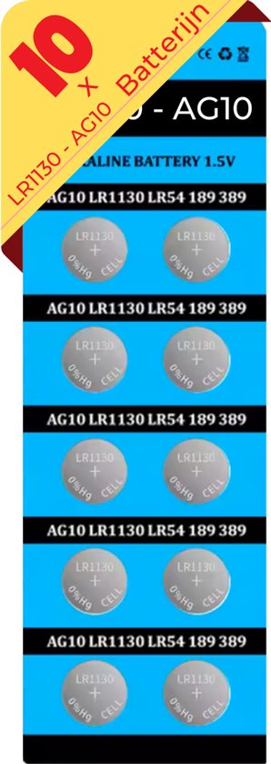 Verpakking met 10 LR1130 - AG10 knoopcelbatterijen. Elke batterij heeft 'LR1130 + 0% Hg CELL' opdruk. Blauwe achtergrond met gele band.